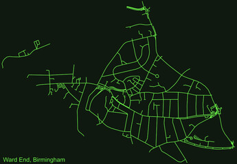 Detailed emerald green navigation urban street roads map on dark green background of the quarter Ward End neighborhood of the English regional capital city of Birmingham, United Kingdom