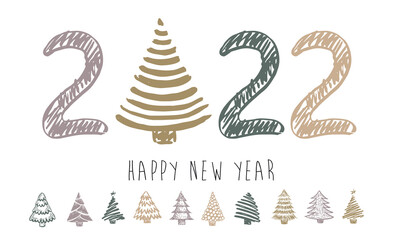 2022 Happy New Year. Christmas tree. Hand drawn illustration.	
