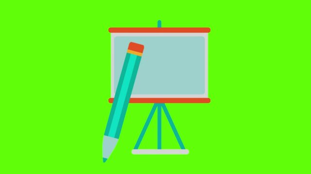 A whiteboard with a pencil; white easel animated cartoon icon in the green screen background