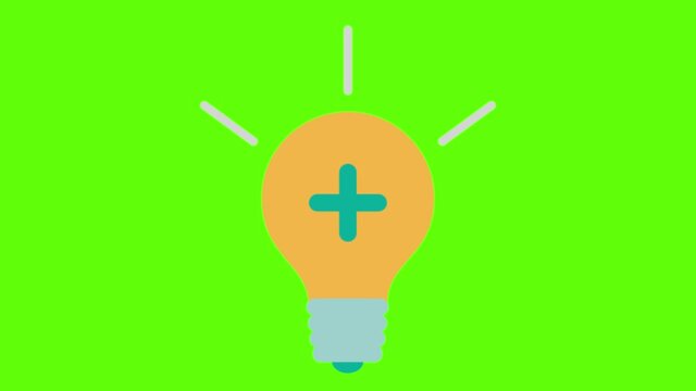 An animation of a bulb with a positive sign -the concept of an idea on a green screen background