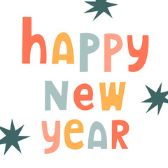 Vector holiday card template. Happy New Year text. Doodle festive card with stars.