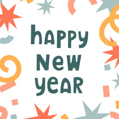 Vector holiday card template with confetti and Happy New Year text. Flat style festive card.