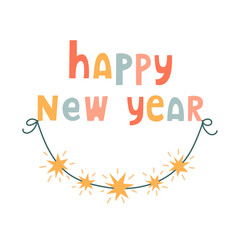 Vector holiday card template with Happy New Year text and garland. Festive card with stars.