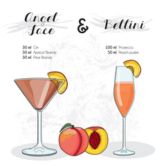 Hand Drawn Colorful Angel Face and Bellini Cocktail Drink Ingredients Recipe