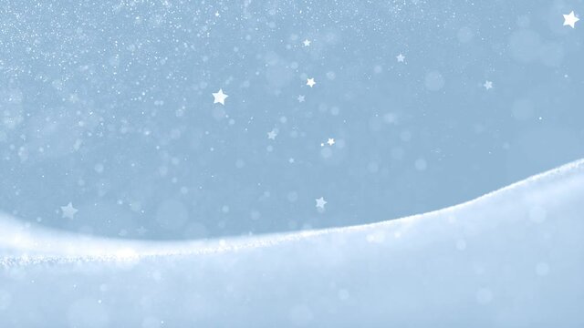 Wavy snow landscape with snowflakes, flickering stars and glittering dots. Conceptual Christmas and New Year copy space animation background.