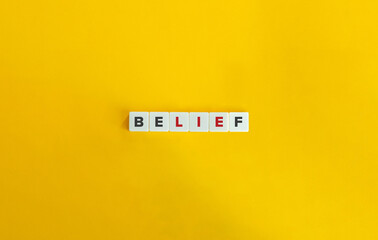 Belief or Lie banner and concept. Block letters on bright orange background. Minimal aesthetics.