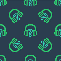 Line Headphones icon isolated seamless pattern on blue background. Support customer service, hotline, call center, faq, maintenance. Vector