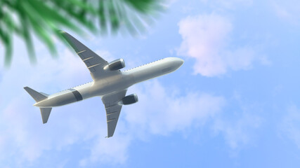 Flight of a passenger airplane in the blue tropical sky.
View through palm leaves. 3d visualization.
