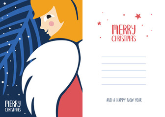 Cute and cozy Christmas greeting card or poster with angel and "Merry Christmas" lettering. Including the back side template. Vector flat hand drawn illustration in cartoon style