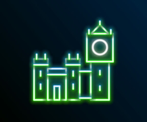 Glowing neon line Big Ben tower icon isolated on black background. Symbol of London and United Kingdom. Colorful outline concept. Vector