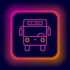 Glowing neon line Bus icon isolated on black background. Transportation concept. Bus tour transport sign. Tourism or public vehicle symbol. Colorful outline concept. Vector
