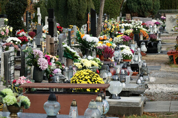 Szereg grobów na cmentarzu  w czasie święta zmarłych. - obrazy, fototapety, plakaty