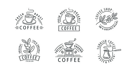 Coffee set of labels in graphic linear style. Design elements or restaurant menu, cafe. Vector illustration