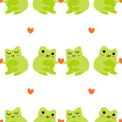 Cute cartoon frogs with hearts. Enamored green toads. Vector animal characters seamless pattern of amphibian toad drawing.Childish design for baby clothes, bedding, textiles, print, wallpaper.