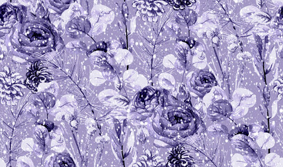 Seamless Christmas monochrome purple pattern with a winter bouquet of fir branches and dried flowers on a green background for textiles and surface design