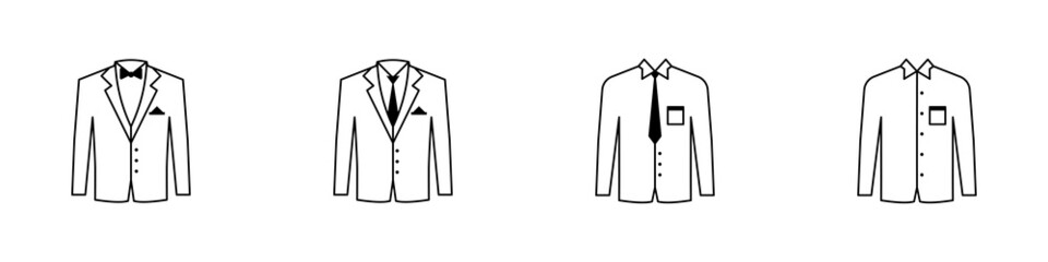 Conjunto de icono de traje formal, para hombre. Ropa de evento. Concepto de moda y elegancia. Ilustración vectorial, estilo línea negro