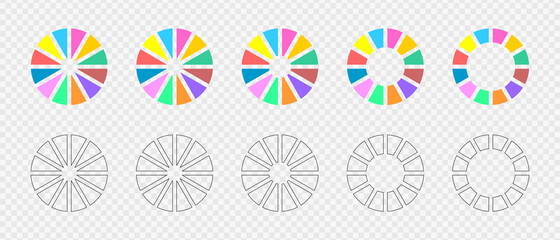 Donut charts set. Infographic wheels divided in 12 multicolored and graphic sections. Circle diagrams or loading bars. Round shapes cut in twelve equal parts. Vector flat and outline illustration.