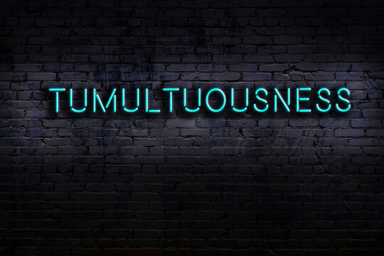Night view of neon sign on brick wall with inscription tumultuousness