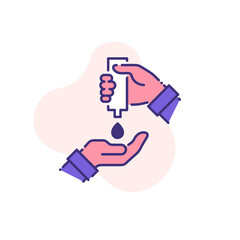 palm with hand sanitizer and drop of antiseptic gel single flat line icon isolated on white. outline icon symbol Coronavirus Covid 19 banner disinfect hands flat element