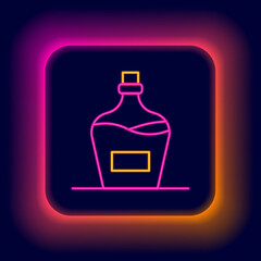 Glowing neon line Old bottle of wine icon isolated on black background. Bottle of homemade wine. Colorful outline concept. Vector