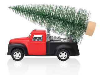 Pickup car carrying christmas tree on white background isolate