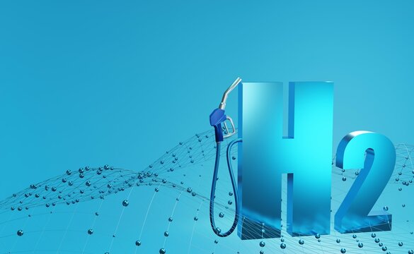 Hydrogen H2 the clean ecological fuel of the future. Concept on a blue background. 3d rendered
