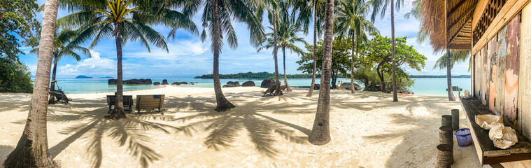 Beautiful tropical island koh Kham, white sand beach with volcanic rocks, near koh Mak, Trat, Thailand