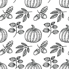 Hand drawn vector outline seamless pattern. Pumpkins, leaves, autumn black ornament on white background