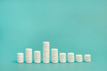 stacks of white pills on a blue background in the form of a bar chart