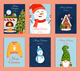 Set of cute Christmas cards. Collection of vector New Year illustrations.