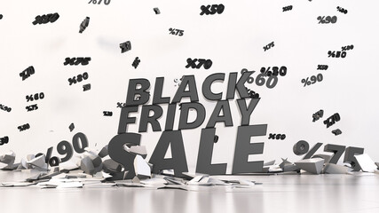 Ground breaking Black friday sale and discount rain. 3d illustration