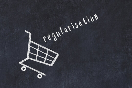 Chalk drawing of shopping cart and word regularisation on black chalboard. Concept of globalization and mass consuming
