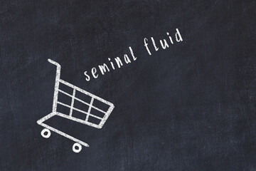 Chalk drawing of shopping cart and word seminal fluid on black chalboard. Concept of globalization...