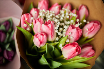 Gorgeous bouquet of tulips. Beautiful spring flowers. Gift for a girl