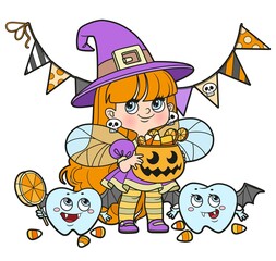 Tooth fairy in a witch costume and teeth in a vampire costume  trick-or-treat color variation for coloring page on a white background