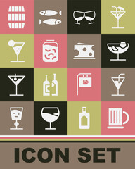 Set Wooden beer mug, Cocktail, Glass of cognac or brandy, Pickled cucumbers in jar, Martini glass, barrel and Cheese icon. Vector