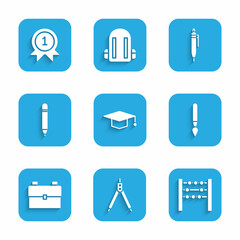 Set Graduation cap, Drawing compass, Abacus, Paint brush, School backpack, Pencil with eraser, and Medal icon. Vector