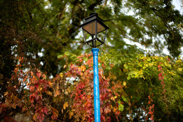 Blue light pole with colorful fall foliage and brick wall in France  Moselle