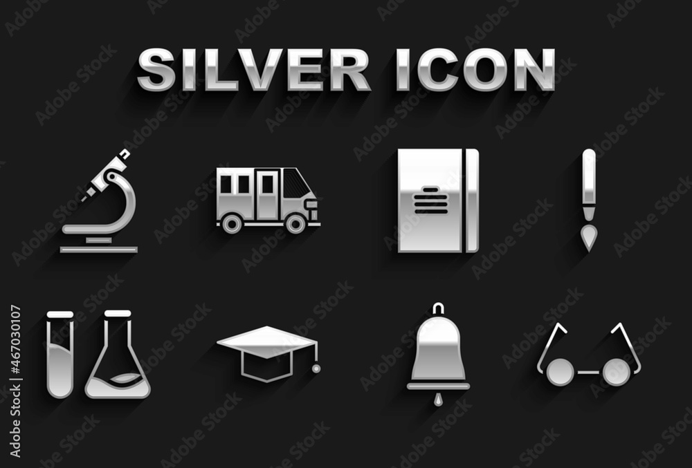 Wall mural Set Graduation cap, Paint brush, Glasses, Ringing bell, Test tube and flask, Spiral notebook, Microscope and School Bus icon. Vector