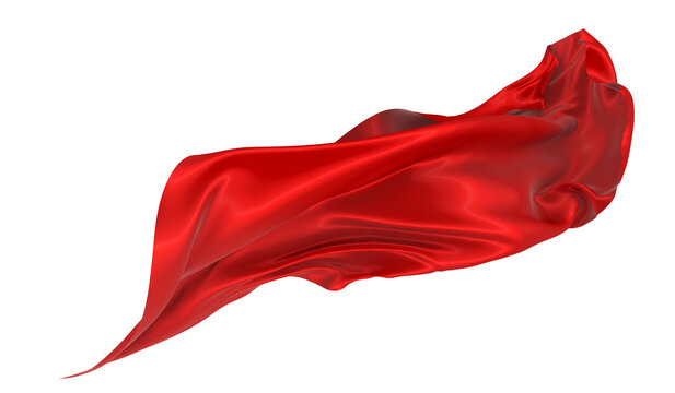 Beautiful flowing fabric flying in the wind. Red wavy silk or satin. Abstract element for design. 3D rendering image. Image isolated on a white background.