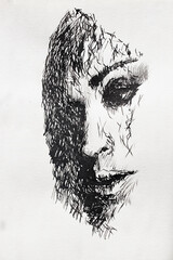Beautiful conceived young girl. Illustration made by a liner - a sad woman. Face of an upset girl
