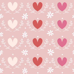 Cute lovely sweet seamless vector pattern background illustration with colorful flowers, hearts  and branches