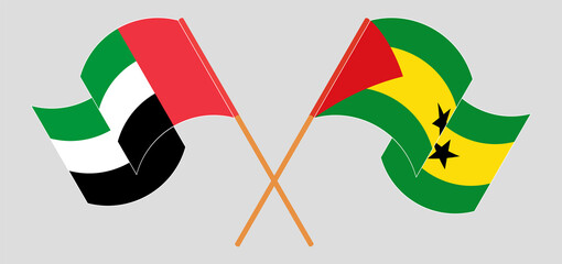 Crossed flags of the United Arab Emirates and Sao Tome and Principe. Official colors. Correct proportion