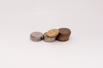 Russian coins in stacks on a white background