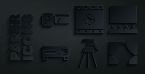 Set Tripod, Cinema auditorium with screen, Movie, film, media projector, Curtain, Play Video and camera icon. Vector