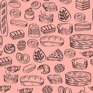bakery, food, dessert hand drawn vector seamless pattern isolated on brown background. Concept for wallpaper, print, cards