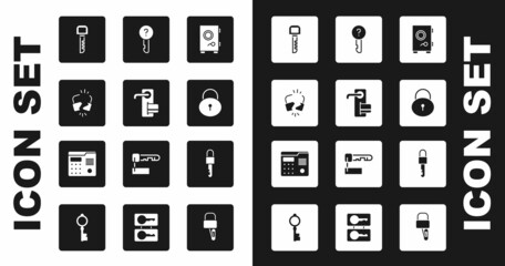 Set Safe, Digital door lock, Broken cracked, Key, Lock, Undefined key, Locked and House intercom system icon. Vector