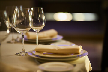 Beautiful glass goblets. glasses for wine. Beverages.