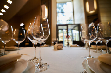 Beautiful glass goblets. glasses for wine. Beverages.