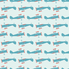 Seamless pattern with cartoon styled airplane